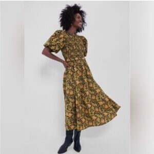 Floral Puff-Sleeve Midi Dress in Mustard Yellow